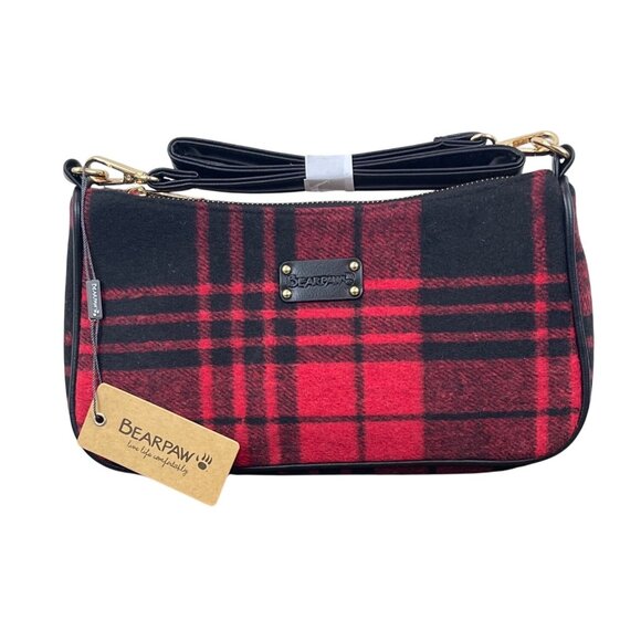 Bearpaw Red Multi Plaid Black Leather Accents Shoulder Evening Clutch Sz M - New - Picture 1 of 11